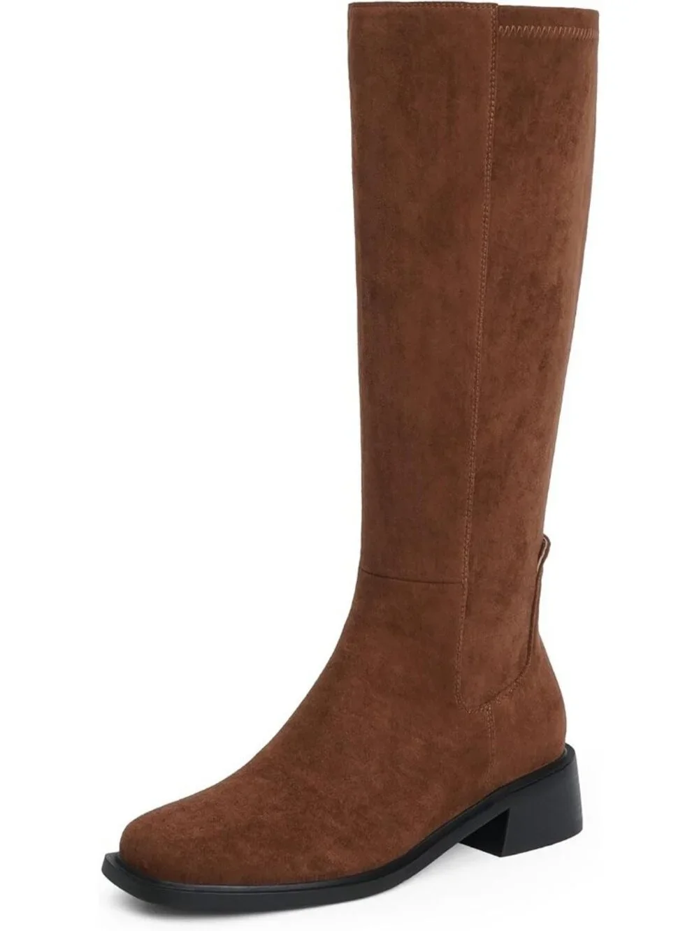 Women's Brown Faux Suede Square Toe Knee High Stretch With Side Zipper Boots